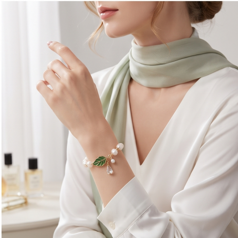 Green Leaf Pearl Charm Bracelet