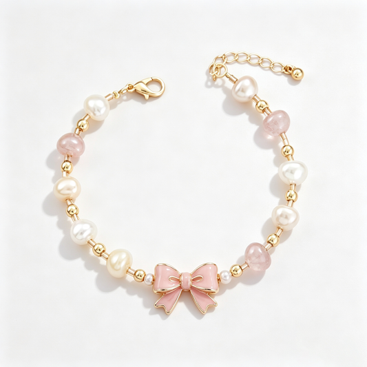 Pink Bow Pearl Charm Bracelet