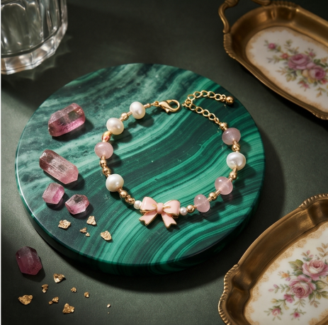 Pink Bow Pearl Charm Bracelet