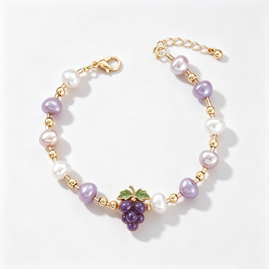 Purple Grape Charm Pearl Bracelet