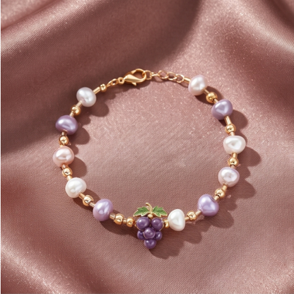 Purple Grape Charm Pearl Bracelet