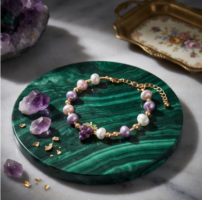 Purple Grape Charm Pearl Bracelet