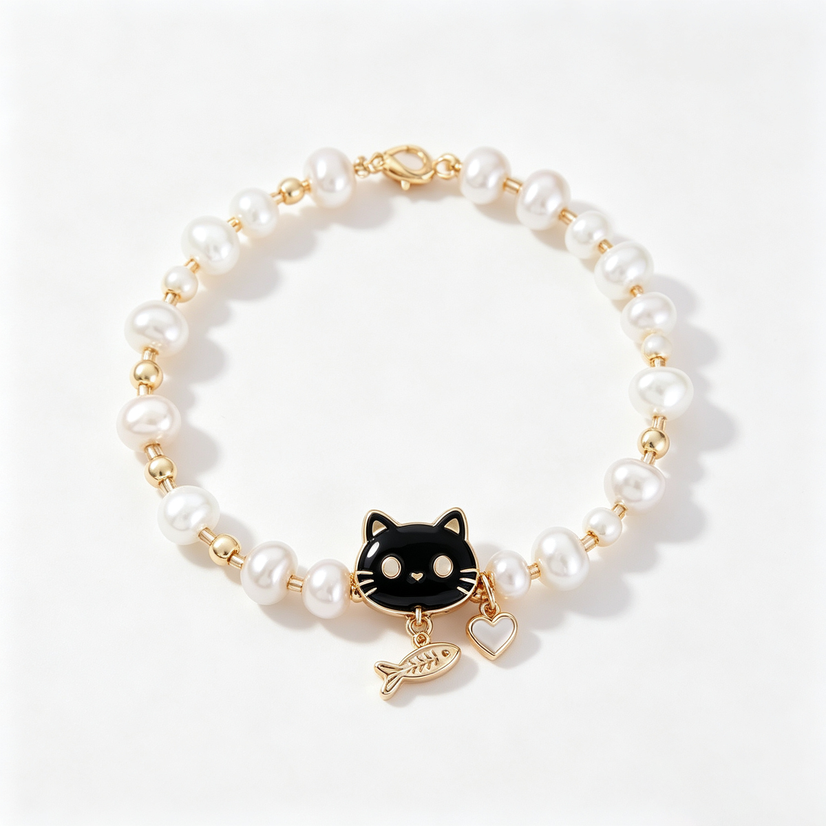 Black Cat Pearl Charm Bracelet