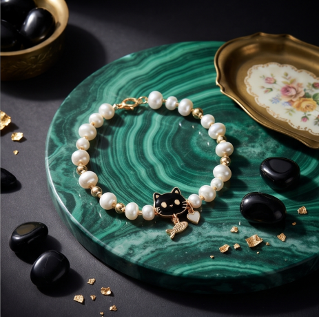 Black Cat Pearl Charm Bracelet